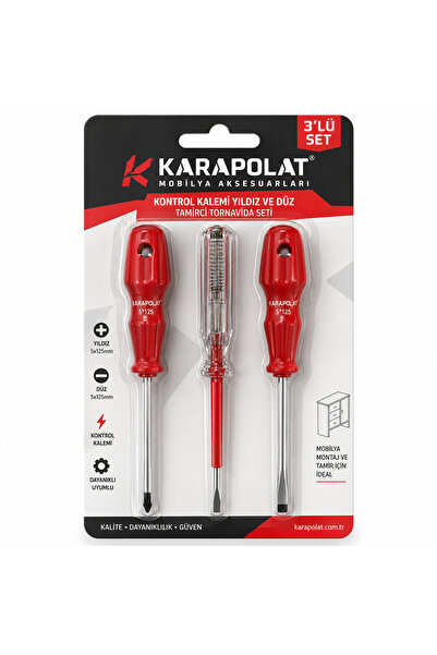 KARAPOLAT Kontrol Kalemi Yıldız ve Düz Tornavida 3'lü Set Elektrikçi Tamirci ...