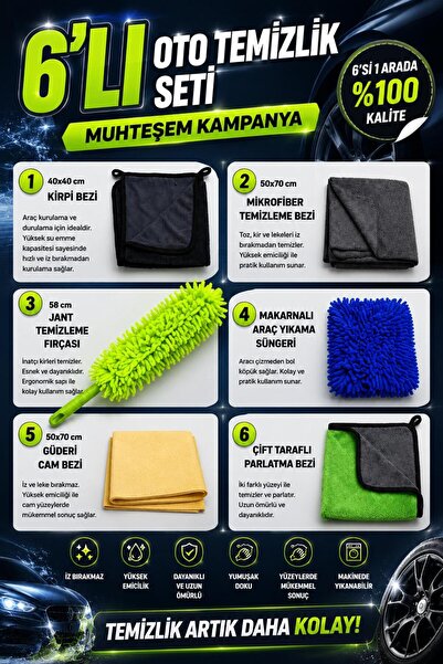 HR PAK 6Lı Efsane Mikrofiber Oto Yıkama Temizleme Araç Kurulama Bez , Eldiven Sünger Araba Seti