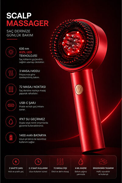 HİROS'H LED Işıklı Saç Derisi Masaj Tarağı Kırmızı ve Mavi Işık Teknolojisi Anti Dökülme Etkili Serum Yağı Uyumlu