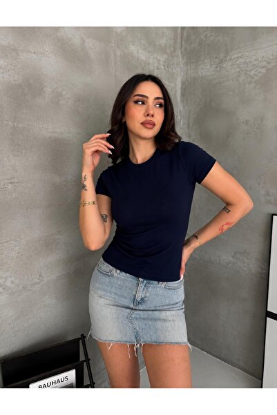 HELMİRA Women's Navy Blue Crew Neck Short Sleeve T-Shirt with Stretch Fabric