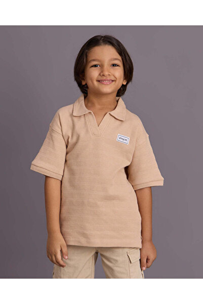 REDTAG Boys Beige Jacquard Polo T-shirt