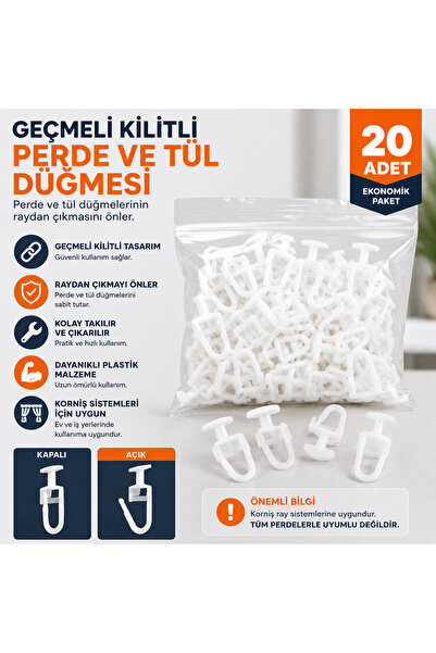 Hard Guard 20 Adet Kilitli Geçmeli Perde ve Tül Düğmesi Korniş Halkası Korniş...