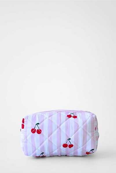 Yuka Atelier Cherry Pattern Quilted Makeup Bag Travel Organizer Zippered Cosm...