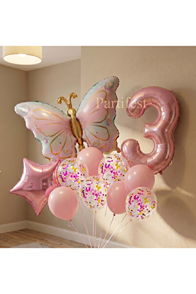 Partifest Kelebekli Doğum Günü Balon Seti Pembe - Folyo Rakamlı ve Konfetili ...