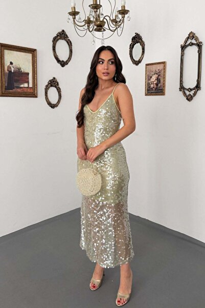 Elbee Fashion Woman Mint Payetli Askılı Maxi Elbise