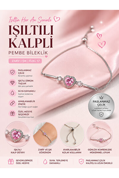 icha Stainless Steel Pink Heart Bracelet |   Adjustable Stone Detailed Women'...