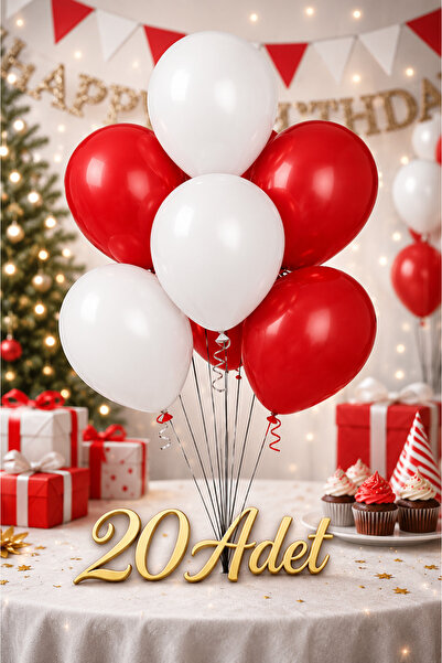 Renkli Party Metallic Red White Shiny 20 Pieces (10+10) Balloons Birthday Cel...