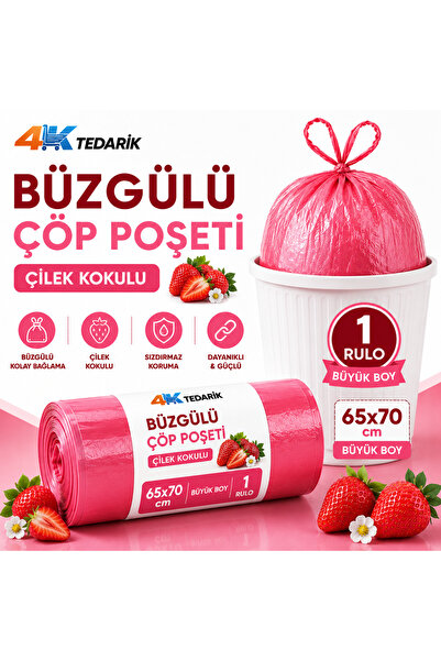 4K TEDARİK Büzgülü Çöp Poşeti Çilek Kokulu 65×70 cm Büyük Boy 1 Rulo 10 Adet ...