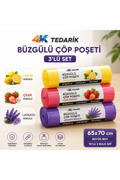 4K TEDARİK Büzgülü Çöp Poşeti Lavanta-Limon-Çilek Kokulu 65×70 cm Büyük Boy 1...