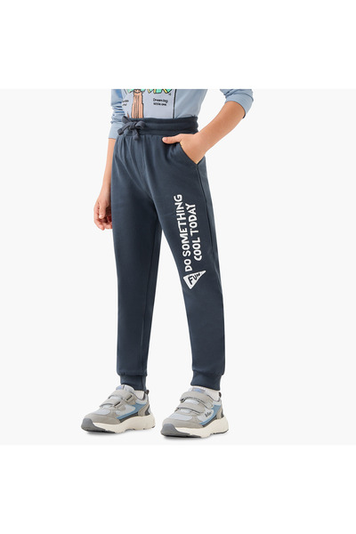 Juniors Boys Joggers with Slogan Graphic Print - Cotton - Drawstring Waist