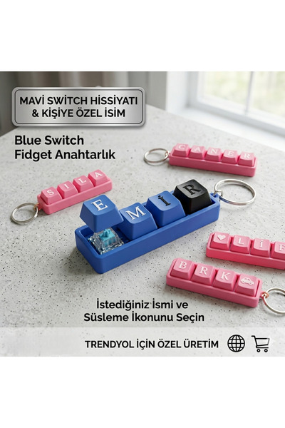 3D İstiyorum Mekanik Klavye Tuşu İsme Özel Fidget Anahtarlık - Blue Switch Tı...