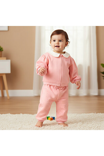 Juniors Peter Pan Collar Long Sleeves Jacket and Joggers Set with Zip Closure