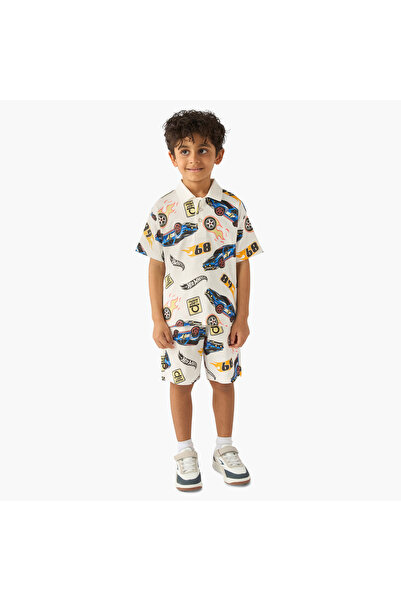 mattel Collared Short Sleeve Polo T-shirt and Shorts Set with Hot Wheels Print