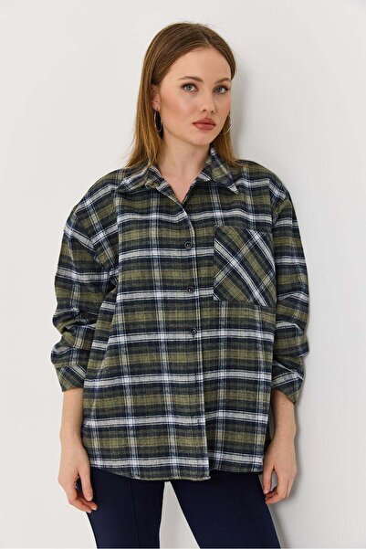 Raneel Kazançlı Alışveriş Women's Plaid Shirt Green