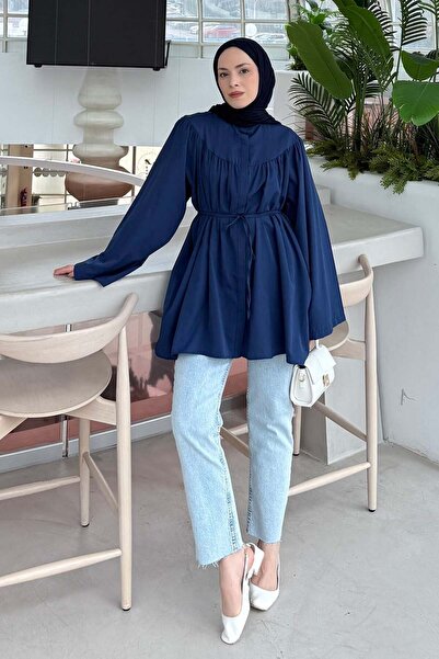 lamelif Tie-Dye Detailed Hijab Shirt Navy Blue