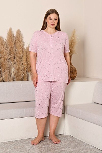 ALİMER Plus Size Women's Pajama Set - Powder Floral Pattern Lycra Viscose 2915Bb