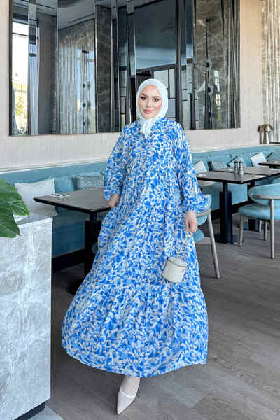 İmajButik Blue Half-Buttoned Layered Dress with Elastic Sleeves
