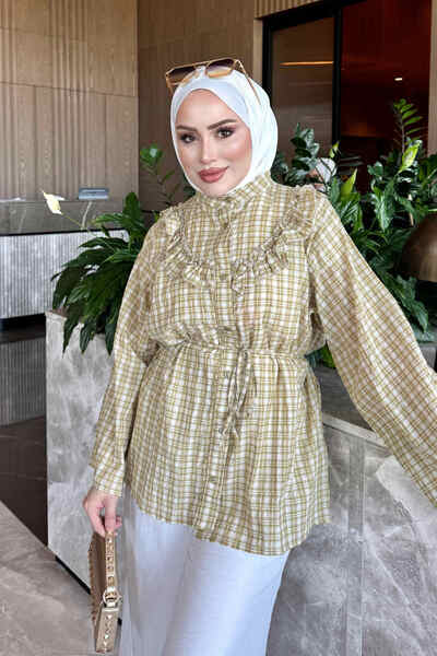 İmajButik Oil Green Plaid Ruffled Waist Tie Shirt