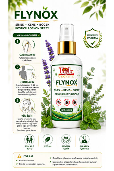 TİJDA FLYNOX SİNEK BÖCEK KENE KOVUCU LOSYON SPREY 150 ML DOĞAL BİTKİSEL TÜM VÜCUT SEYAHAT TATİL BOY