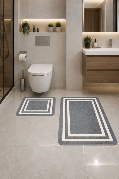 naya home Dekoratif Dijital Baskılı 2 Li Set Banyo Paspası Kaymaz Tabanlı Klo...