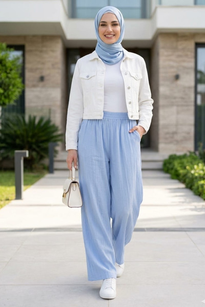 Hb Harma Time Butik Women's Elastic Waist Strawberry Fabric Blue Casual Trousers