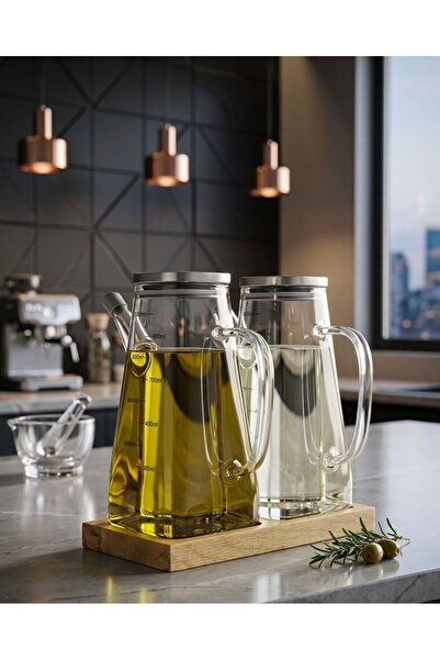 Buğra Home 2'Lİ AHŞAP STANDLI ÇELİK KAPANKLI YAĞDANLIK 1000ML