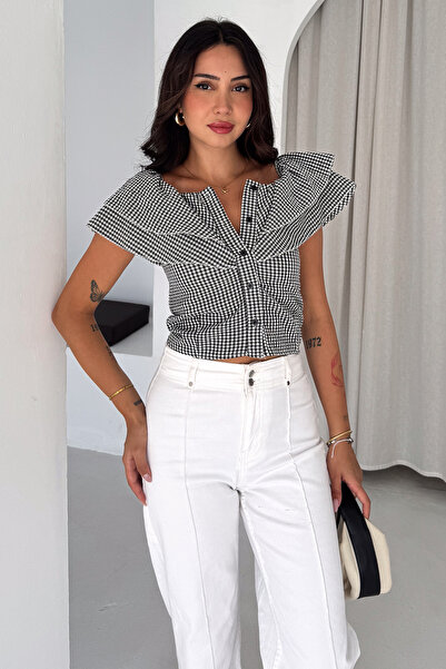 Noa&Noa Women's Gingham Patterned Madonna Collar Crop Blouse with Ruffle Deta...