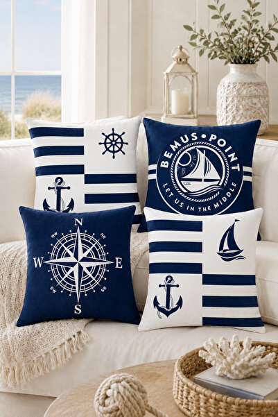 Bebişim Halı Navy Blue White Marine Themed Set of 4 Decorative Throw Pillow C...