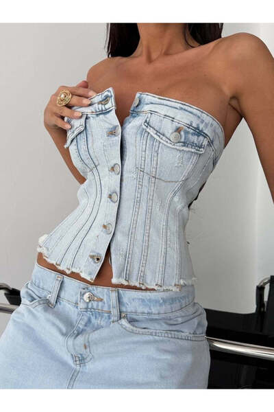 vulgariromania Top de damă din denim, stil corset, fără bretele, albastru des...
