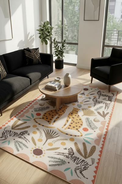 Pearlora Home Safari Desenli Kaymaz Taban Çocuk Halısı Dijital Baskı Dekorati...