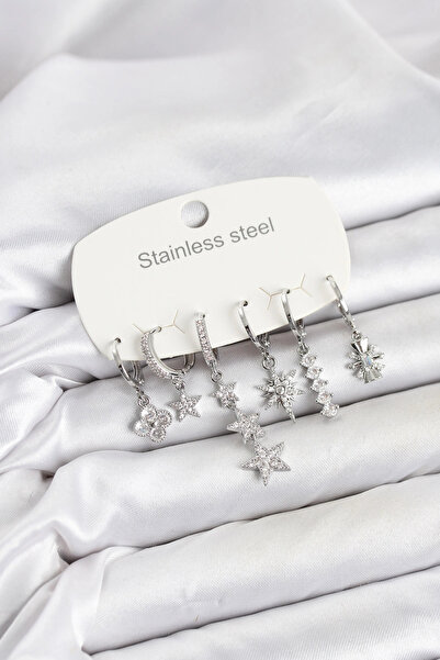 Clariss 316L Steel Silver Color Zircon Stone Star Detailed Women's Earring Set