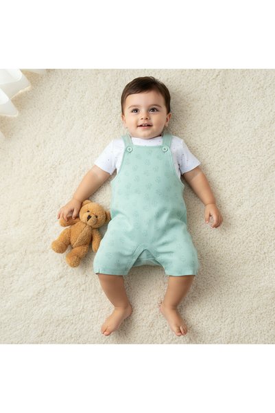 Juniors Round Neck Short Sleeve T-shirt and Dungaree Set with Duck Print
