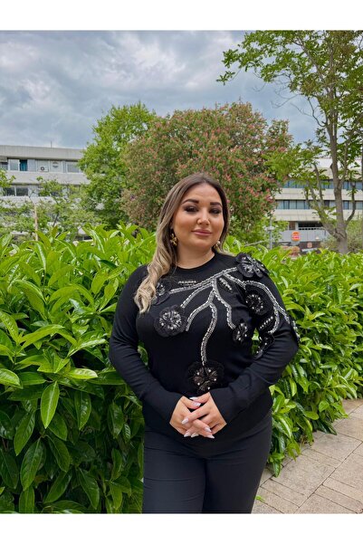 velle velente Kadın Siyah Çiçek Nakışlı Gümüş İncili Ve pul İşlemeli Soğuk Triko