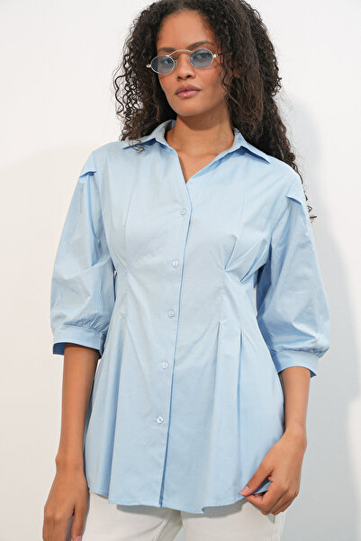 Merterium Women's Long Waist-Slit Shirt 1506 - Blue