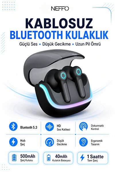 NEFFO RGB Led Işıklı Bluetooth 5.3 Ultra Düşük Gecikmeli Gürültü Önlemeli Gam...