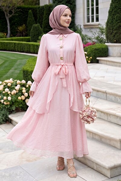 InStyle Ruffle Sleeve Light Pink Dress with Gold Buckle