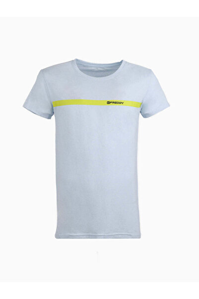 FREDDY Men’s Round Neck T-Shirt – Ballad Blue with Yellow Stripe