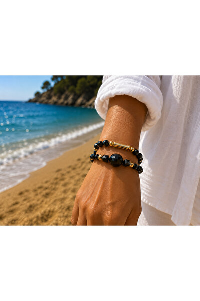 COCOSH TAKI Black shiny beaded bracelet with gold details, multiple double br...