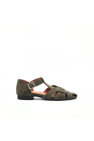 Folle Khaki Suede Genuine Leather Women's Sandals with Buckle Flat Sole Daily...