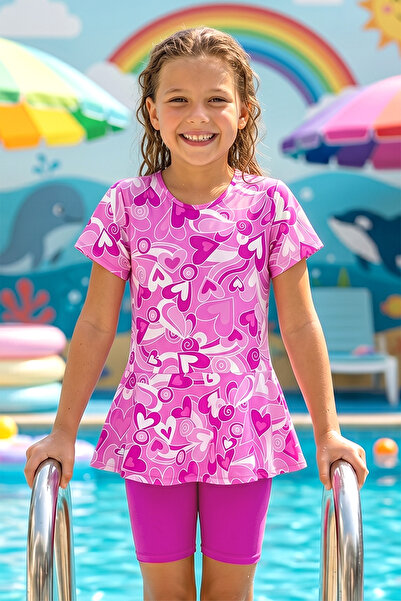 Haliç Mayo Short Sleeve Top and Tights Young Girls' Swimsuit 3499 Pink05
