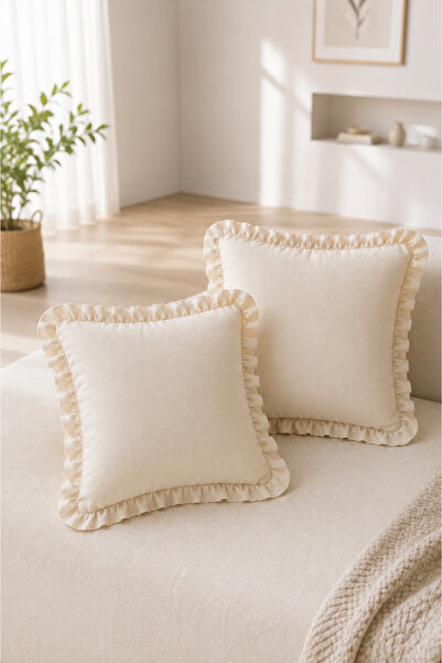 KaiHome Set of 4 100% Cotton Cream Cushion Covers – Decorative Ruffle Model, ...