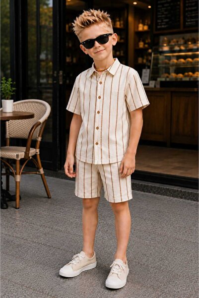 CoolCix Boys' Summer Linen Striped Shorts and Shirt 2-Piece Set