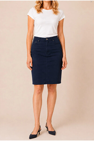 SANTA BELLA Women's Navy Blue Denim Skirt High Waist Midi Length Denim Skirt ...