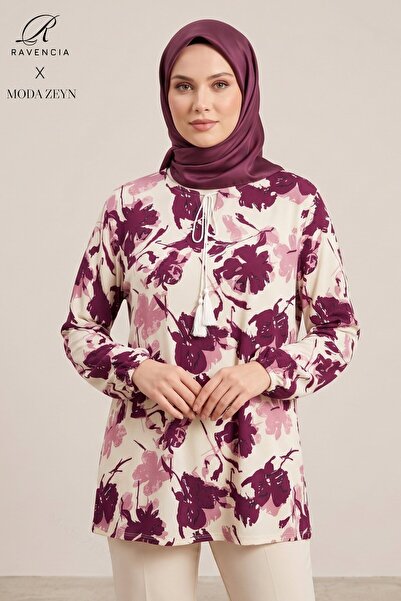 Ravencia Women's Floral Patterned Crew Neck Lace-Up Woven Viscose Blouse
