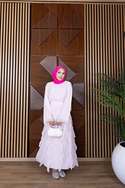Afili butik Lined Chiffon Ruffled Blouse and Skirt Set