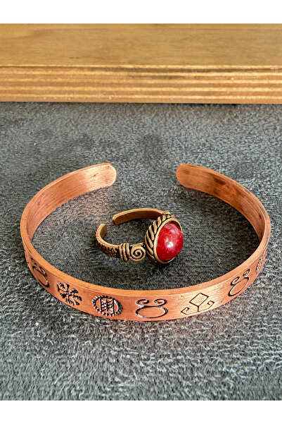 Rupen Kraft Handcrafted copper bracelet and natural stone ring set, adjustabl...