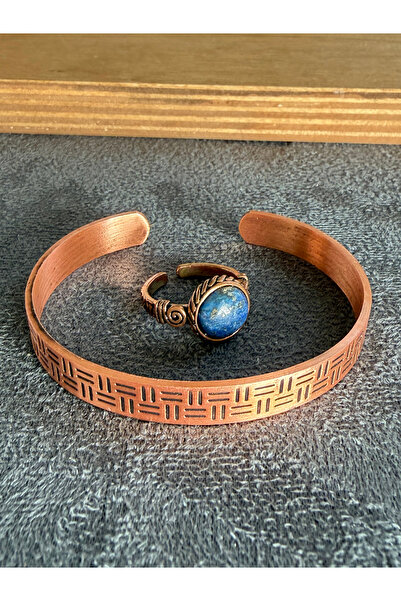 Rupen Kraft Handcrafted copper bracelet and natural stone ring set, adjustabl...