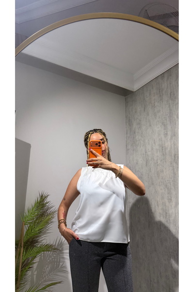 BELİS WEAR Kadın Beyaz Boyundan Bağlamalı Saten Bluz Şık Kolsuz Bluz