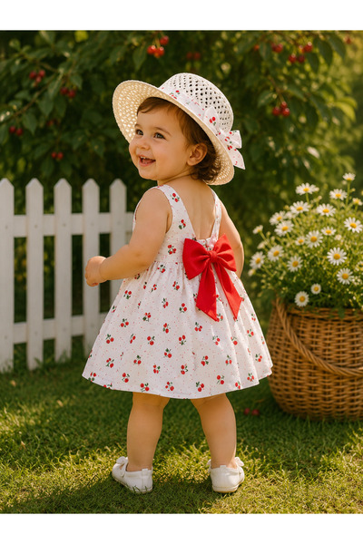 COOLMINIES Baby girl summer dress with straw hat and patterned design