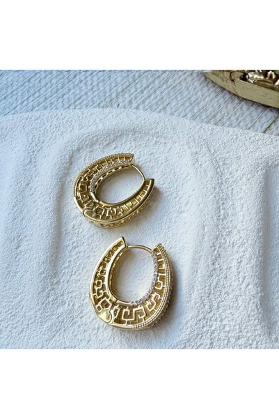LENTE AKSESUAR Women's Gold Thick Oval Hoop Earrings with Antique Pattern and Shimmering Stones, Special Design